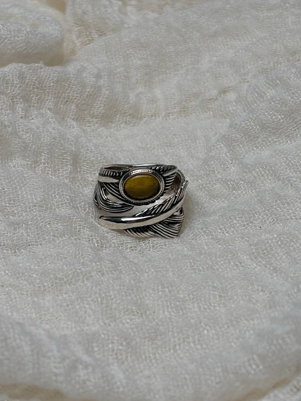 925 Silver Feather Wrap Ring with Yellow Stone OUT OF STOCK